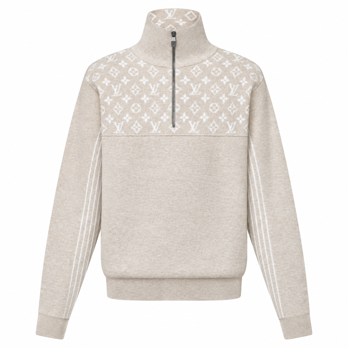 Ribbed Wool Half-Zip Beige Pullover