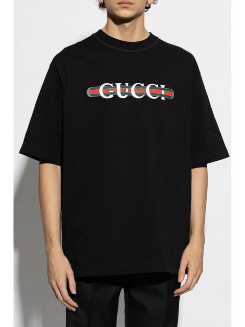 Black Cotton JerseyT-shirt with Logo Print