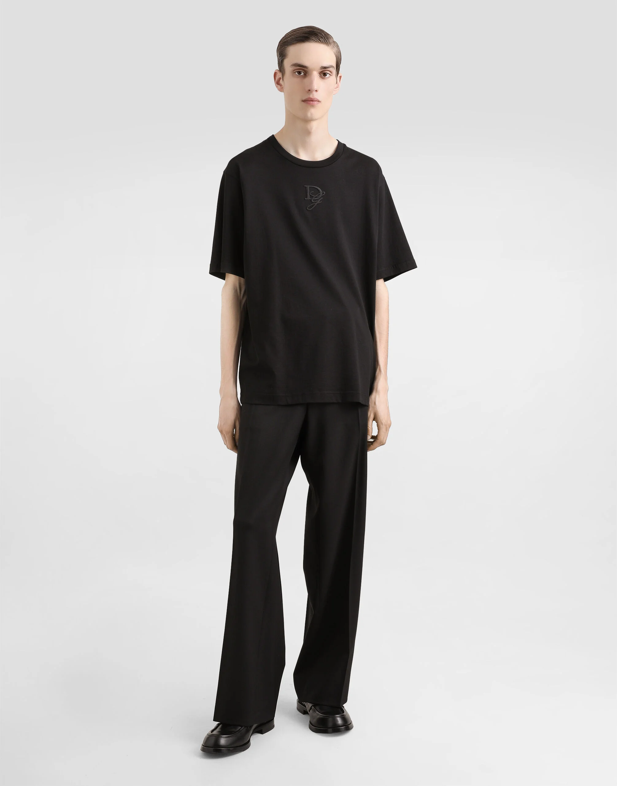 Black Cotton T-shirt with Logo Embroidery
