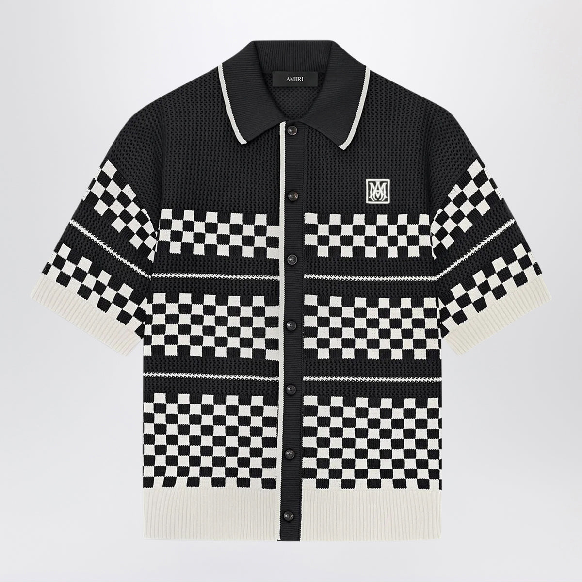 Black Wool Blend Mesh Check Shirt