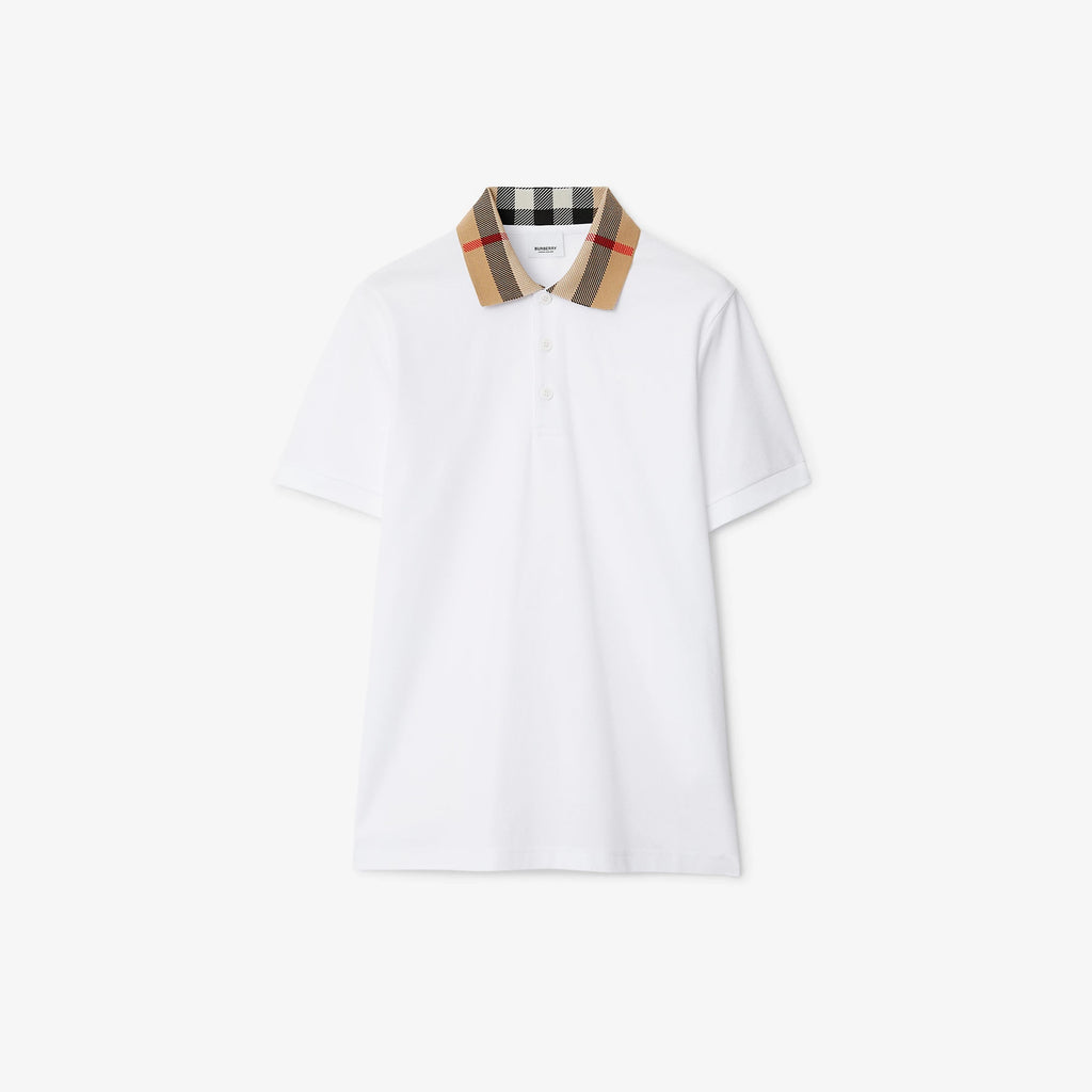 Check Collar Cotton White Polo Shirt