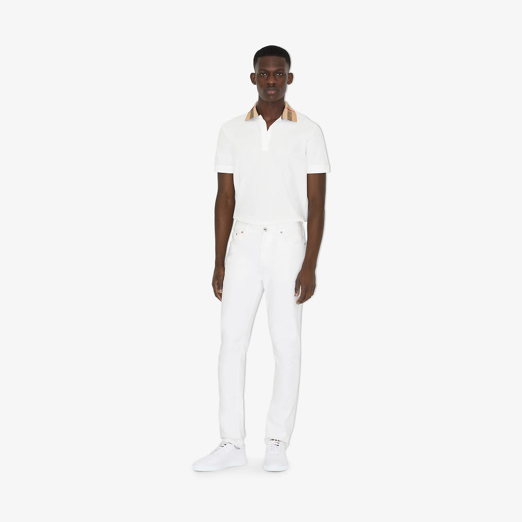Check Collar Cotton White Polo Shirt