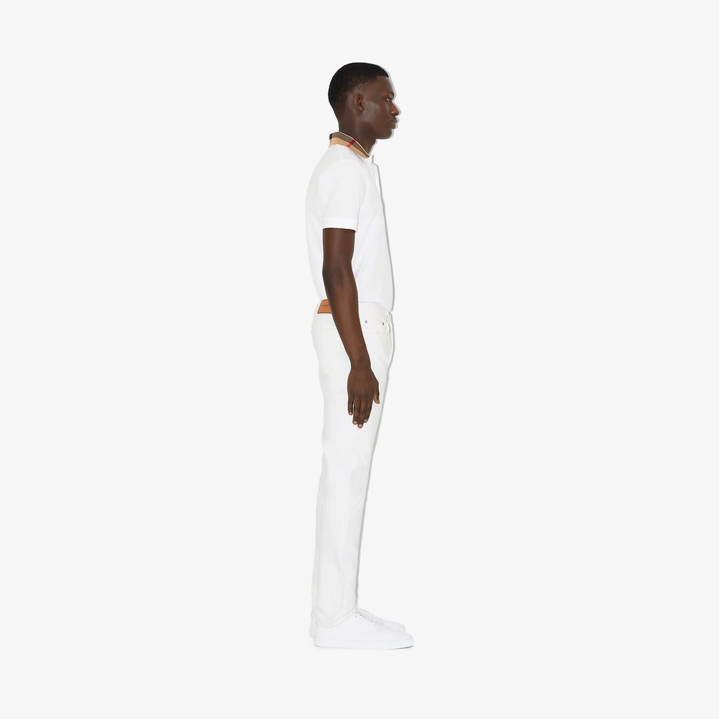 Check Collar Cotton White Polo Shirt