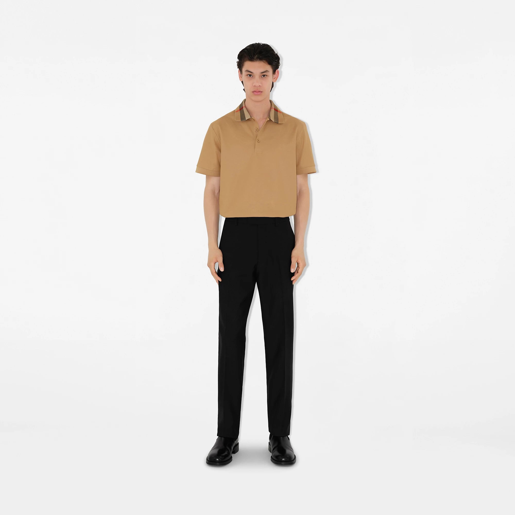 Check Collar Beige Cotton Polo Shirt
